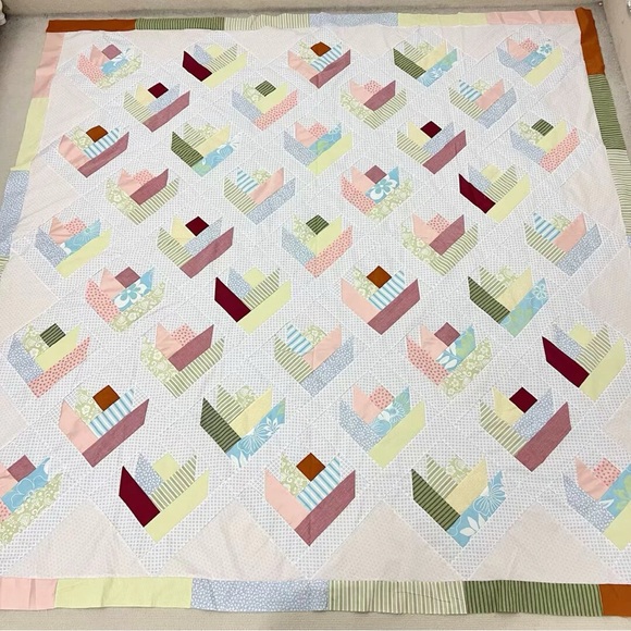 handmade Other - Handmade Floral Log Cabin Patchwork Cotton fabric Queen size Quilt Top/Topper